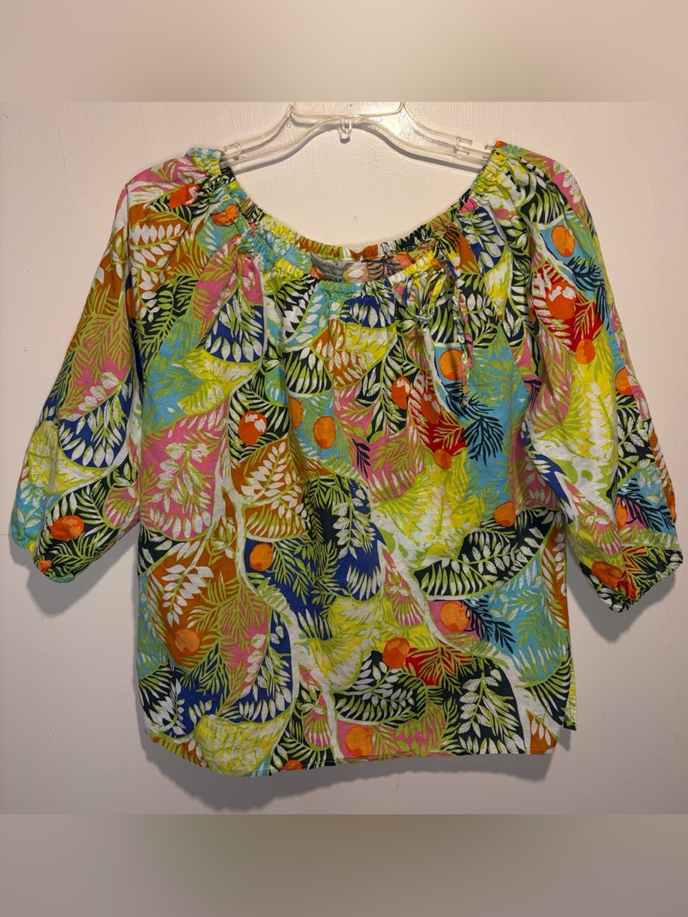Linen Blend by Hester & Orchard Vibrant Elastic Neck Tie Floral Blouse Size M